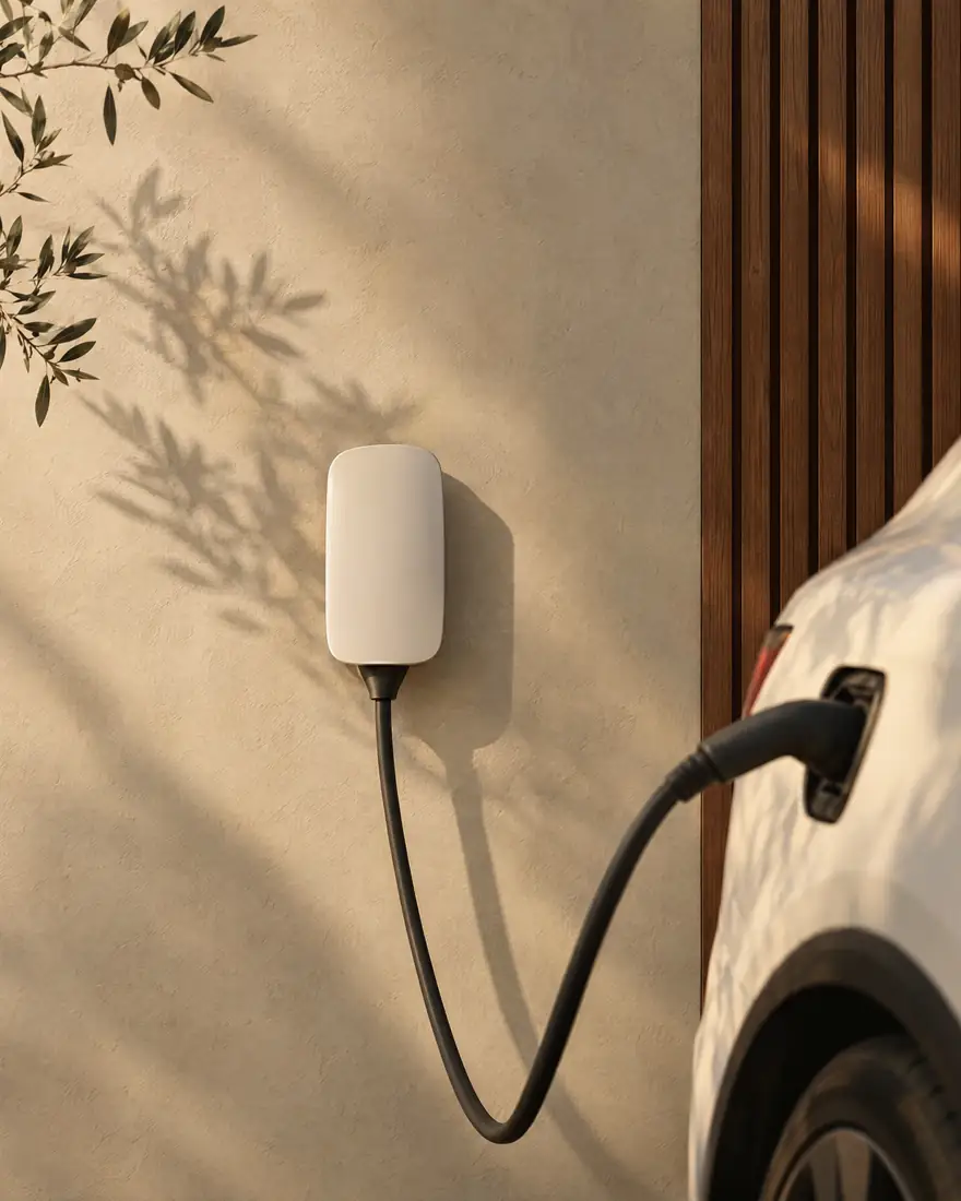 Visualización conceptual creada con IA: cargador de pared conectado a un vehículo eléctrico, junto a un muro de estuco y madera.