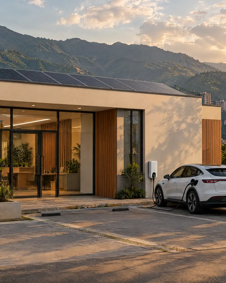 Visualización conceptual creada con IA: edificio comercial con paneles solares en la cubierta y puntos de carga para vehículos eléctricos en su parqueadero.