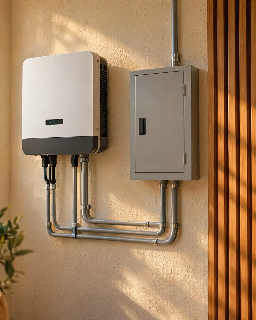 Visualización conceptual creada con IA: inversor solar y tablero eléctrico bien instalados en un muro de estuco.