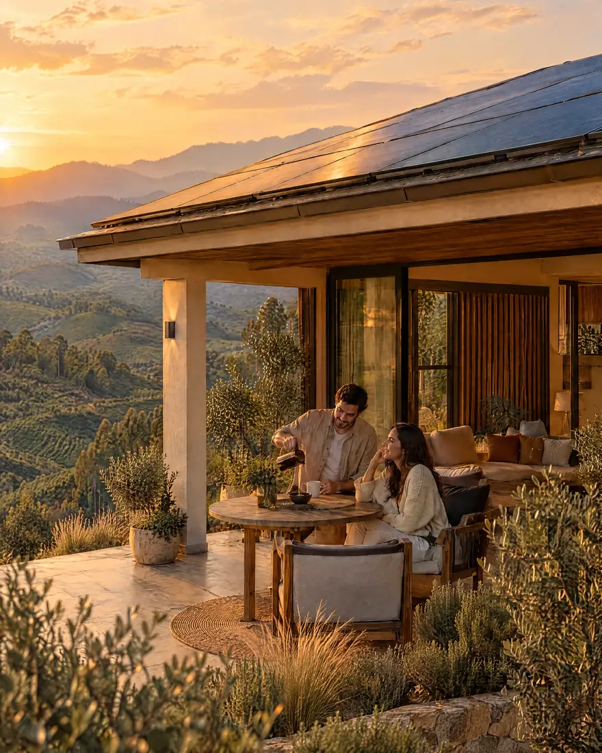 Visualización conceptual creada con IA: pareja en la terraza de una casa con paneles solares en el techo, al atardecer.