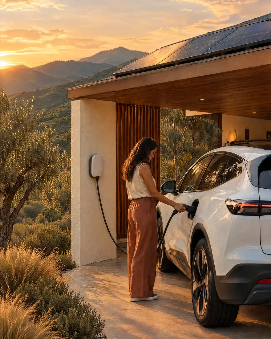 Visualización conceptual creada con IA: una persona conecta su vehículo eléctrico al cargador de pared de una casa con paneles solares.