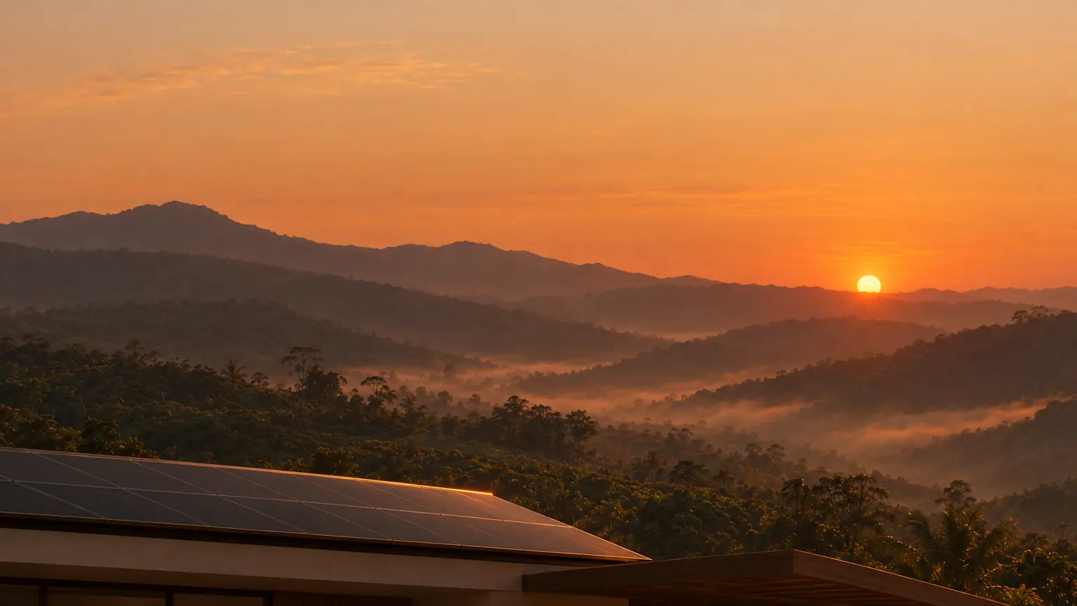 Visualización conceptual: atardecer sobre las montañas del Eje Cafetero, con el techo solar de una casa en primer plano.