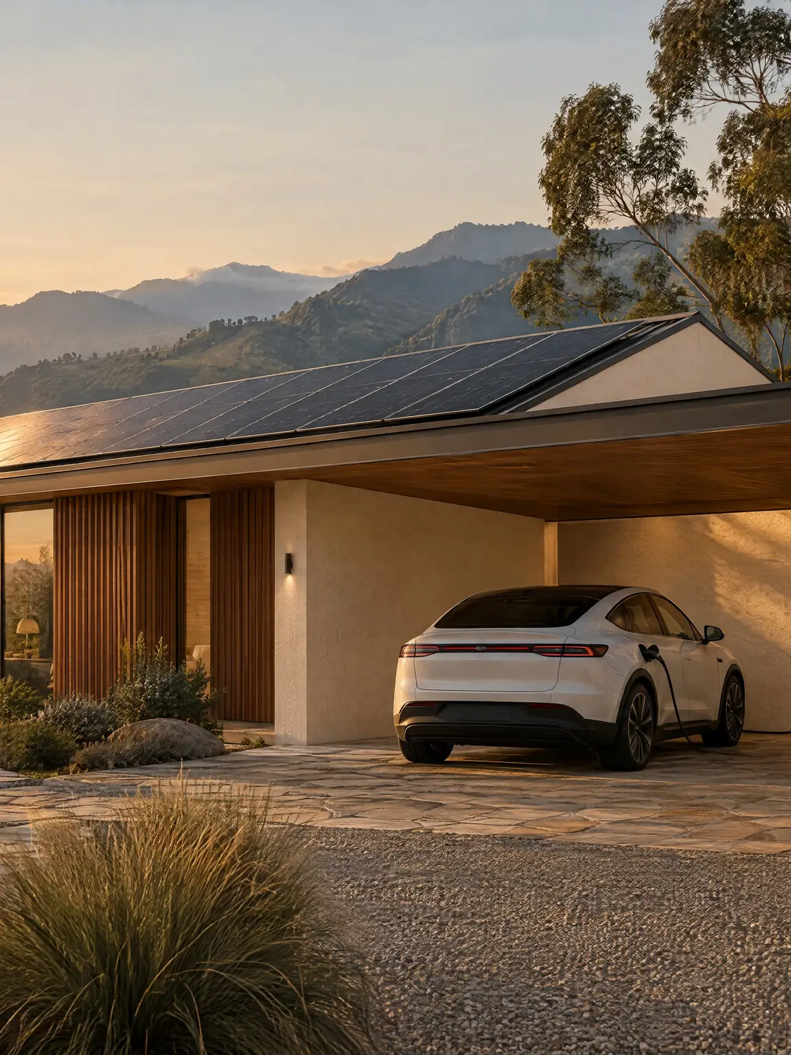 Visualización conceptual creada con IA: casa contemporánea con paneles solares en el techo y un vehículo eléctrico cargando en el garaje, al amanecer, entre las montañas del Eje Cafetero.