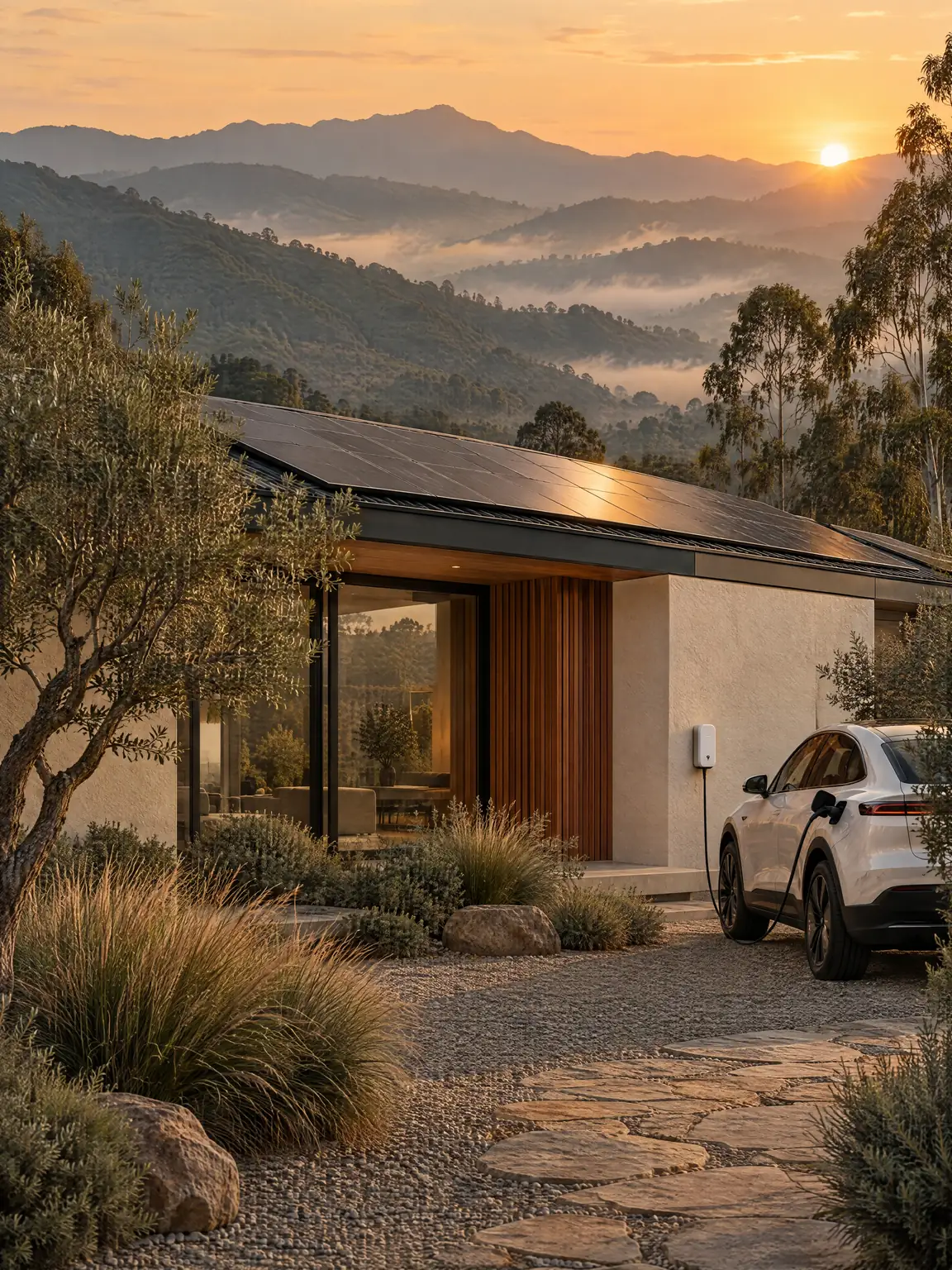 Visualización conceptual creada con IA: amanecer sobre una casa con paneles solares, un cargador de pared y un vehículo eléctrico, en las montañas del Eje Cafetero.
