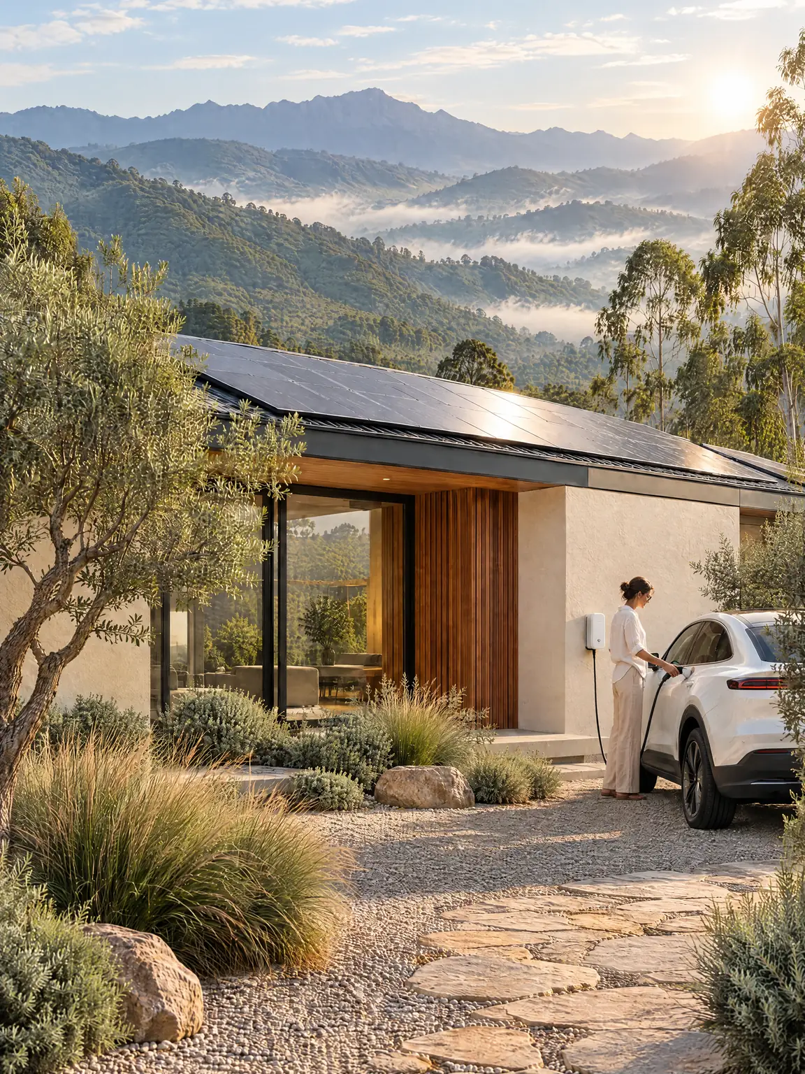 Visualización conceptual creada con IA: una persona desconecta su vehículo eléctrico del cargador de pared de una casa con paneles solares, a media mañana. No es una clienta real.